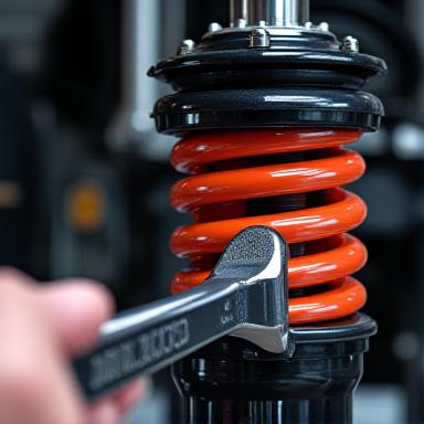 Close-up of an adjustable performance coilover suspension system with spring and damper visible